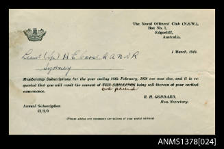 Membership subscription request from R H Goddard, Hon Secretary, to Lieut ( Sp ) H E Carse RANVR
