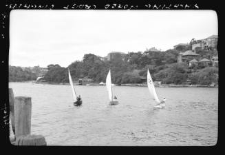 Yachting world cadet dinghies on Sydney Harbour. K A on sail identifies craft  as Australian