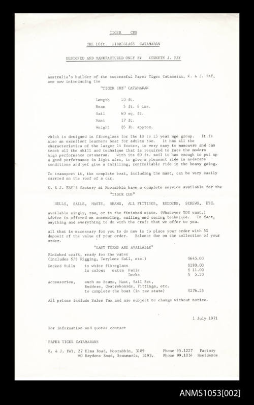 Document advertising the construction and costs for a Tiger Cub catamaran