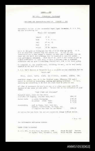 Document advertising the construction and costs for a Tiger Cub catamaran