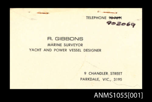 Business card for R Gibbons, Marine Surveyor, Yacht and power vessel designer
