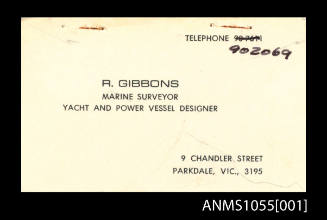 Business card for R Gibbons, Marine Surveyor, Yacht and power vessel designer

