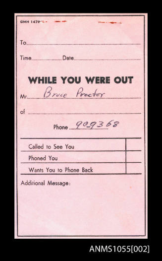 Message noting a missed visit from Bruce Proctor