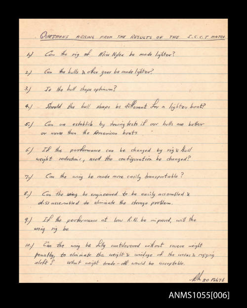 Handwritten list of questions arising from the results of the ICCT match