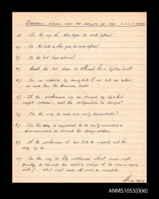 Handwritten list of questions arising from the results of the ICCT match