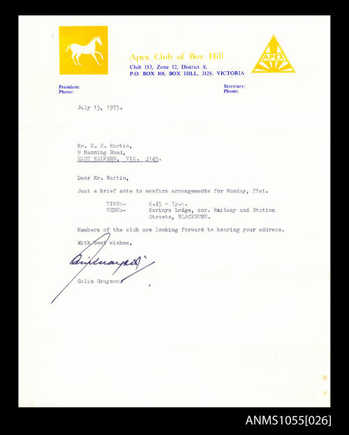 Letter from Colin Grayson, Apex Club of Box Hill, to Roy Martin, confirming arrangements for a speech to be given by Martin