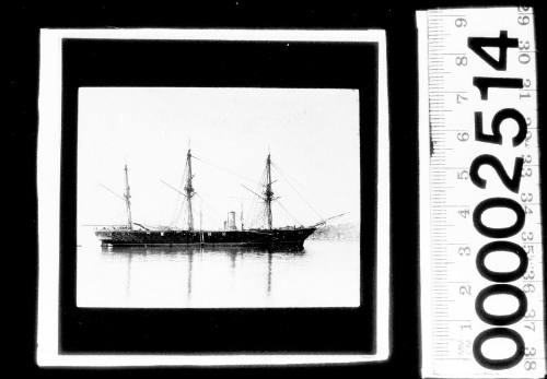 Starboard view of three masted warship, Sydney Harbour