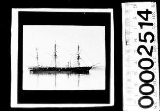 Starboard view of three masted warship, Sydney Harbour
