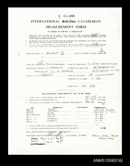 C Class international racing catamaran measurement form in order to obtain a certificate