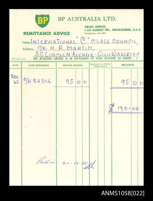 Invoice from BP Australia Ltd for the International C Class Council, care of H R Martin