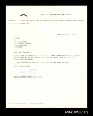 Letter from Rolly Tasker Sails Pty Ltd, to Mr R Martin, requesting an application for the B Class Championships