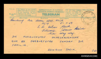 Telegram from Heinrich Speck to Oskar Speck