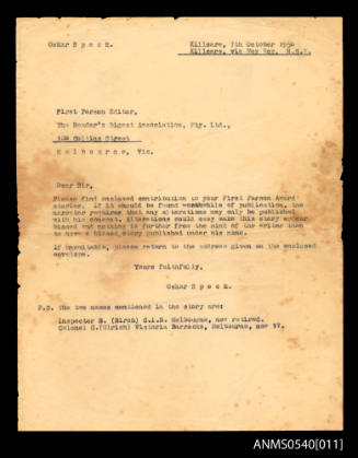 Letter from Oskar Speck to the Editor of the Reader's Digest Association
