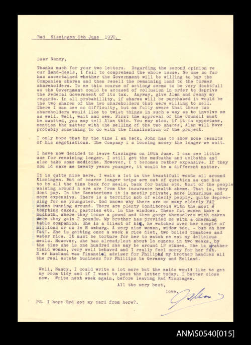 Letter from Oskar Speck to Nancy Steele