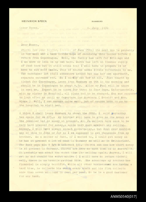 Letter from Oskar Speck to Nancy Steele