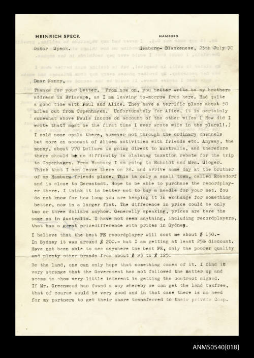 Letter from Oskar Speck to Nancy Steele