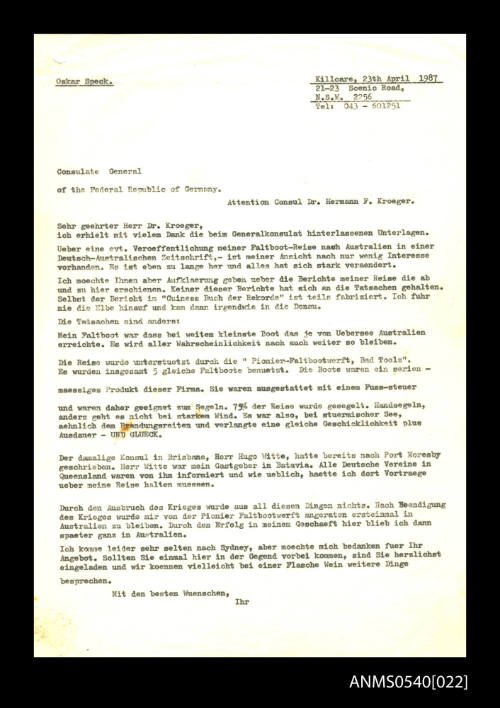 Letter from Oskar Speck to Dr Hermann F. Kroeger