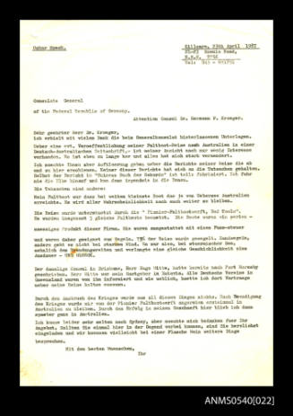 Letter from Oskar Speck to Dr Hermann F. Kroeger