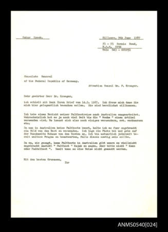 Letter to Hermann F Kroeger from Oskar Speck