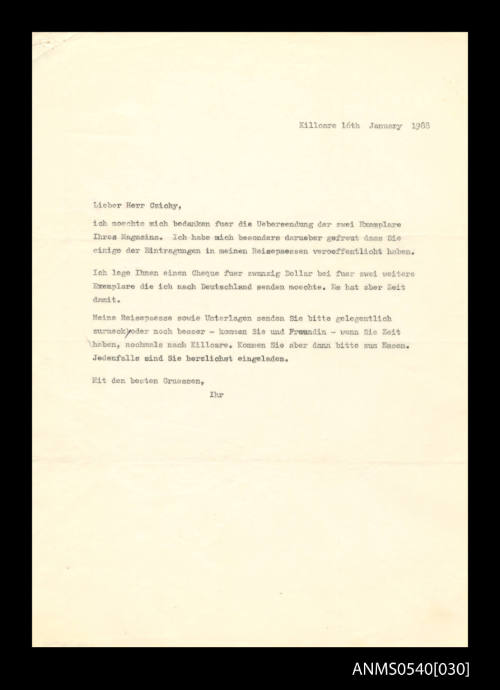 Letter from Oskar Speck to Wolfgang Czichy, of Europa Kurier Publishing Group