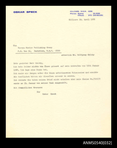 Letter from Oskar Speck to Wolfgang Czichy, of Europa Kurier Publishing Group