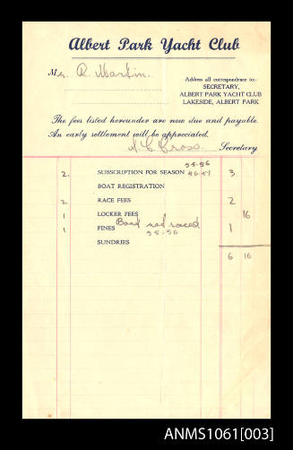 Invoice for Mr R Martin, from the secretary of Albert Part Yacht Club