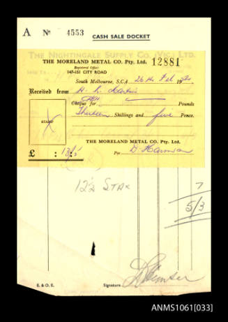 Receipt for H R Martin from the Moreland Metal Co Pty Ltd, 25 February 1954
