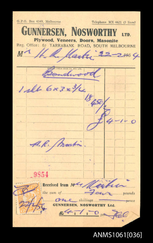 Receipt for H R Martin from Gunnersen, Nosworthy Ltd, 22 February 1954