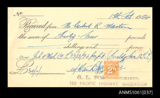 Receipt for Mr H R Martin, 15 February 1954