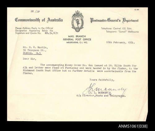 Letter from the Postmaster-General's Department to H R Martin, 10 February 1954