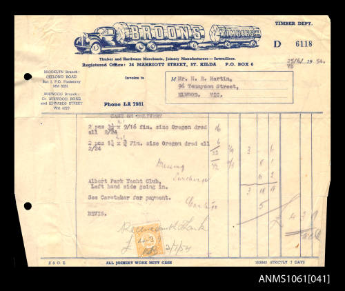 Invoice for H R Martin from Broons Timbers Pty Ltd for four pieces of oregon