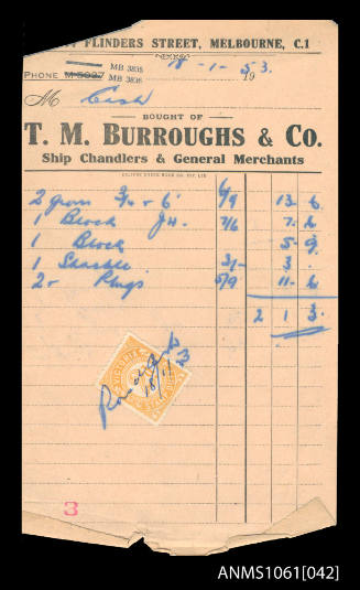 Receipt from T M Burroughs & Co, Ship Chandlers & General Merchants, 18 January 1953