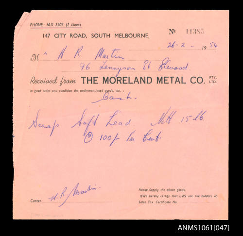 Receipt from The Moreland Metal Co to H R Martin, 26 February 1954