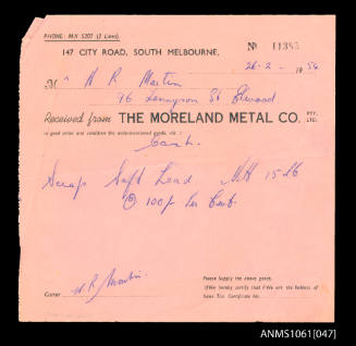 Receipt from The Moreland Metal Co to H R Martin, 26 February 1954