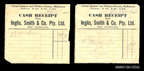 Cash receipts from Inglis, Smith and Co Pty Ltd, Ship Chandlers, dated 30 October 1954