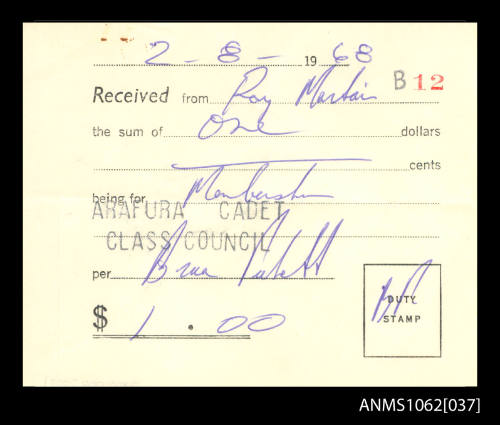 Receipt for Roy Martin for membership of the Arafura Cadet Class Council