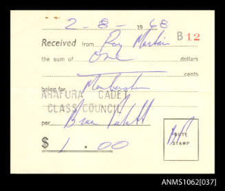 Receipt for Roy Martin for membership of the Arafura Cadet Class Council