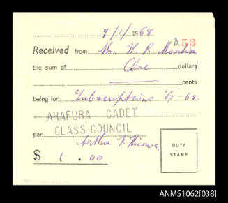 Receipt for Roy Martin for money receivied for subscriptions for 1967 - 1968, Arafura Cadet Class Council