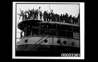 Stern of a passenger ship, Australian soldiers standing on both decks