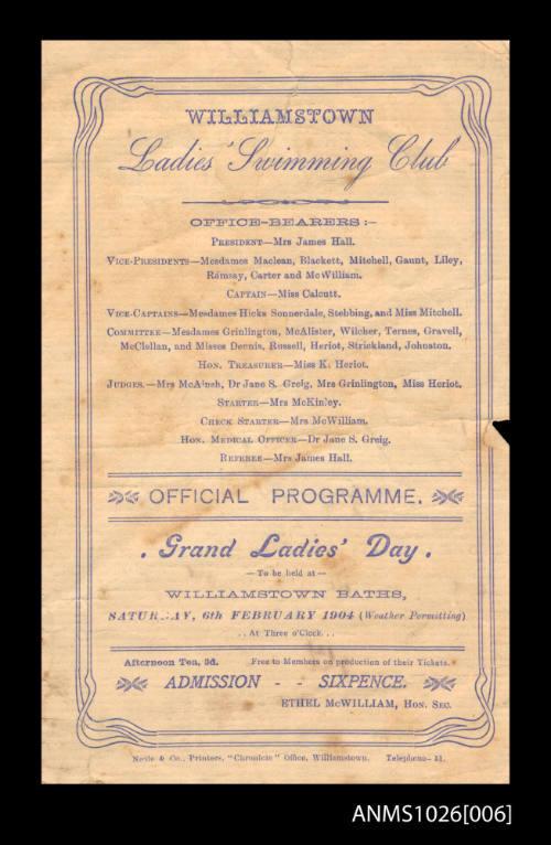 Official programme for the Williamstown Ladies Swimming Club, Grand Ladies' Day