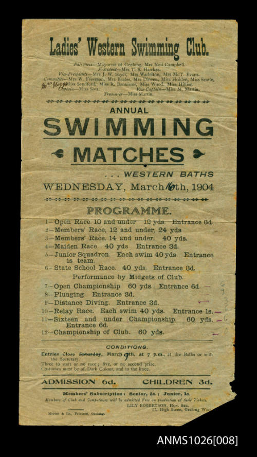 Program for the Ladies' Western Swimming Club, Annual Swimming Matches