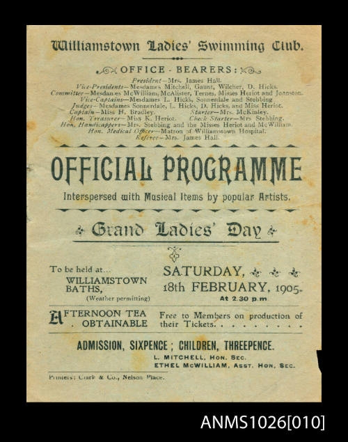 Official Programme for the Williamstown Ladies' Swimming Club, Grand Ladies' Day