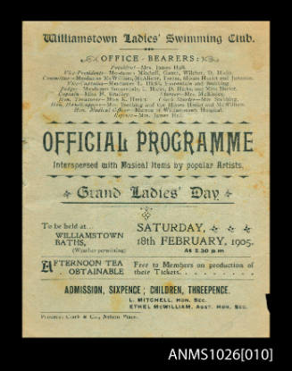 Official Programme for the Williamstown Ladies' Swimming Club, Grand Ladies' Day