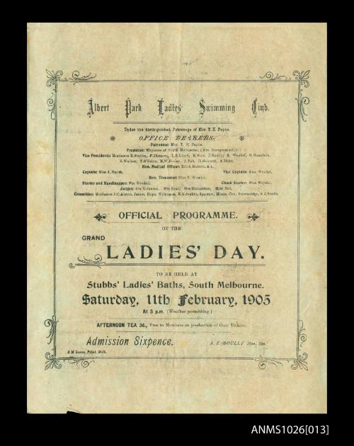 Albert Park Ladies Swimming Club program featuring Beatrice Kerr