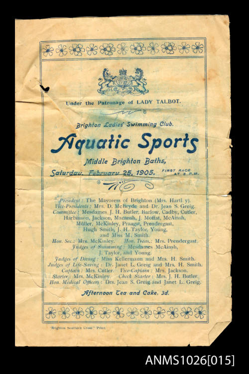 Program for a Brighton Ladies' Swimming Club Gala featuring Beatrice Kerr