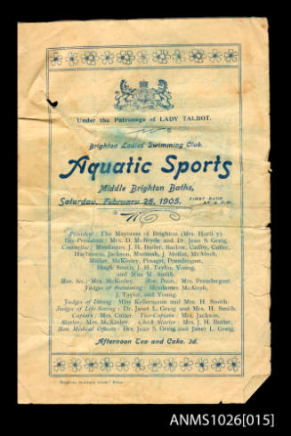 Program for a Brighton Ladies' Swimming Club Gala featuring Beatrice Kerr