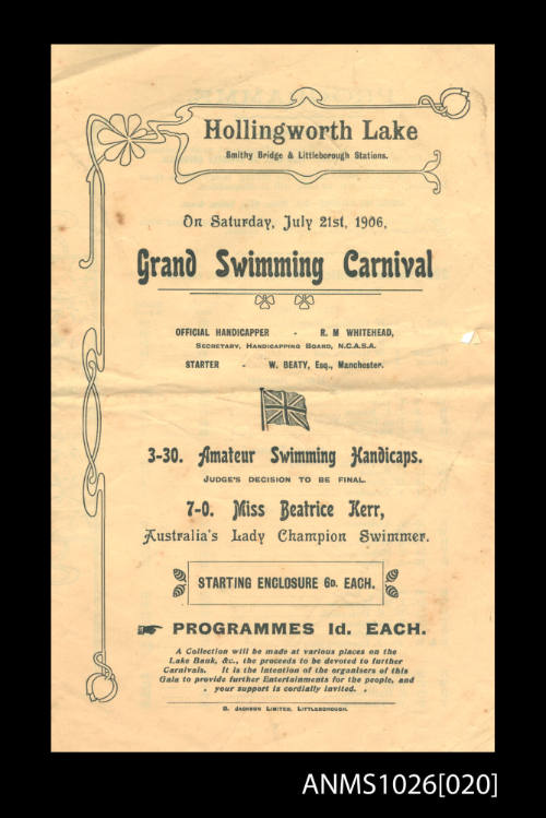 Program for a Hollingworth Lake Grand Swimming Carnival featuring Beatrice Kerr