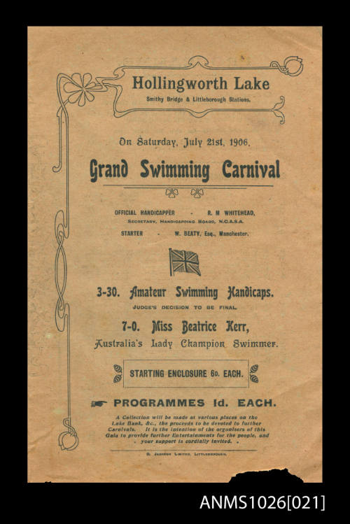 Program for a Hollingworth Lake Grand Swimming Carnival featuring Beatrice Kerr