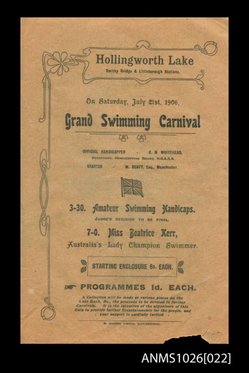 Program for a Hollingworth Lake Grand Swimming Carnival featuring Beatrice Kerr