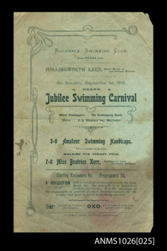 Program from a Rochdale Swimming Club Carnival featuring Beatrice Kerr